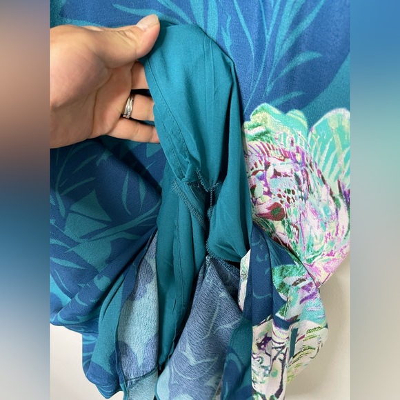 Anthropologie Maeve Elia Open Shoulder Midi Fit Flare Floral Teal dress Sz 0 - Picture 8 of 15